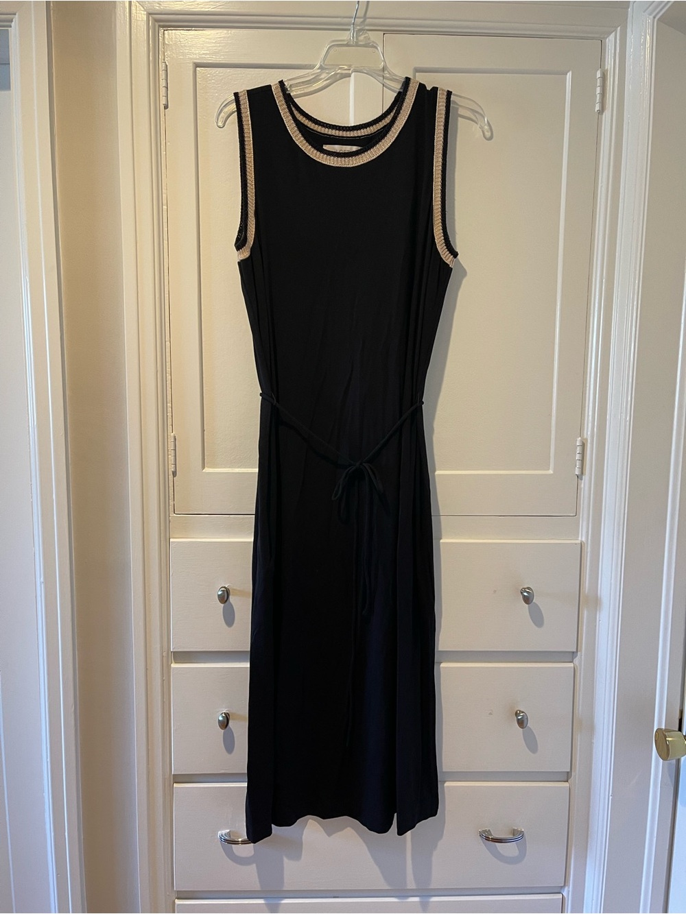 LOFT Black Sleeveless Midi Dress with Cream Trim